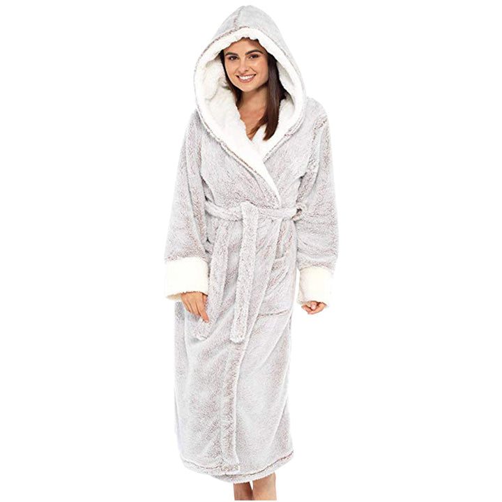 Women's Cozy Fleece Bathrobe with Hood and Belt Lune London