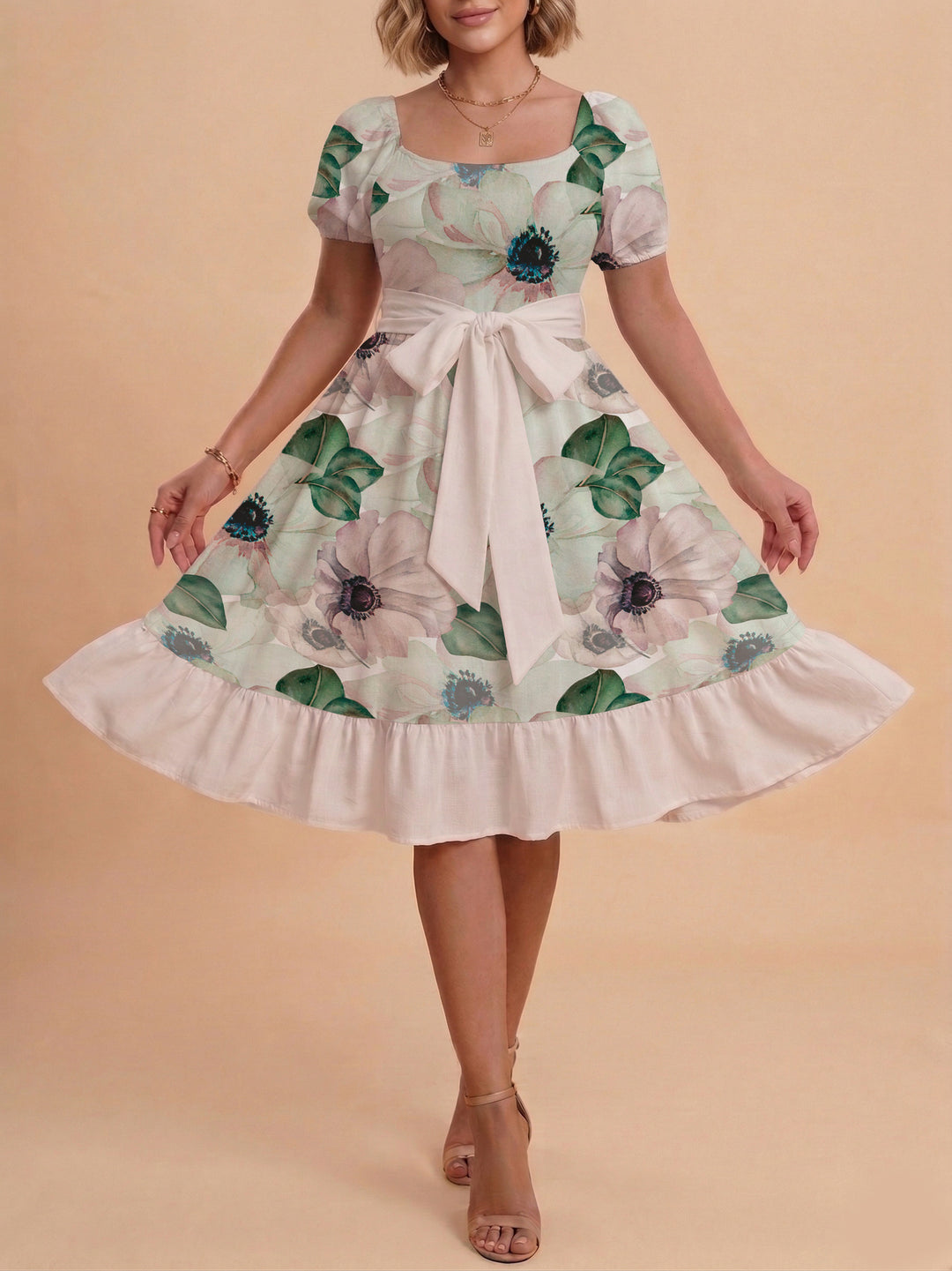 Women's floral dress with adjustable belt and voluminous sleeves Lune London
