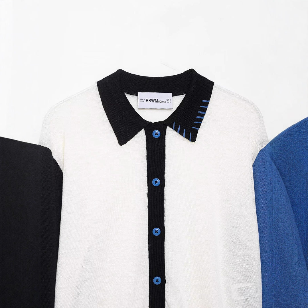 Women trendy short sleeve cardigan with contrasting seams and button closure Lune London