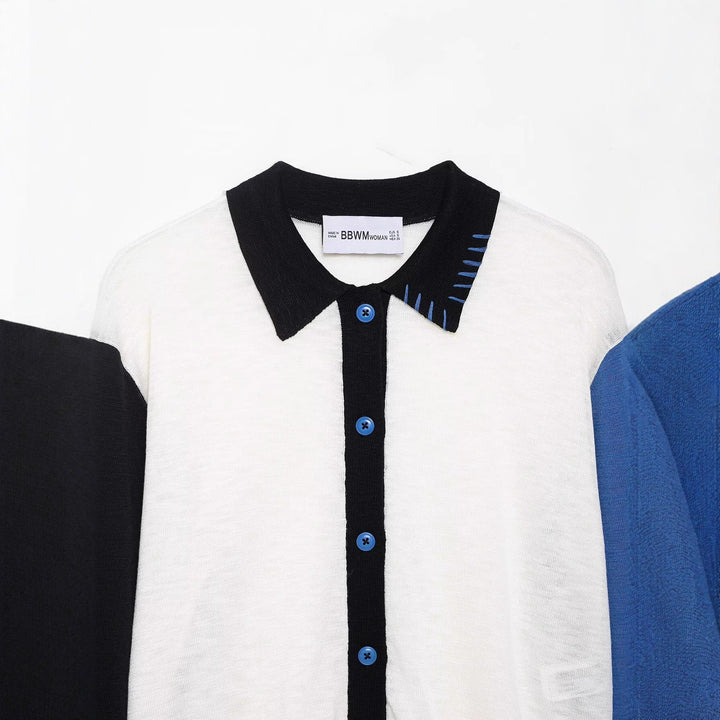 Women trendy short sleeve cardigan with contrasting seams and button closure Lune London