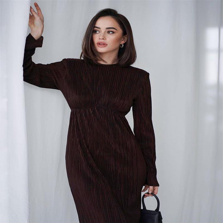 Women Elegant Maxi Dress with Structured Pleats and Long Sleeves Lune London