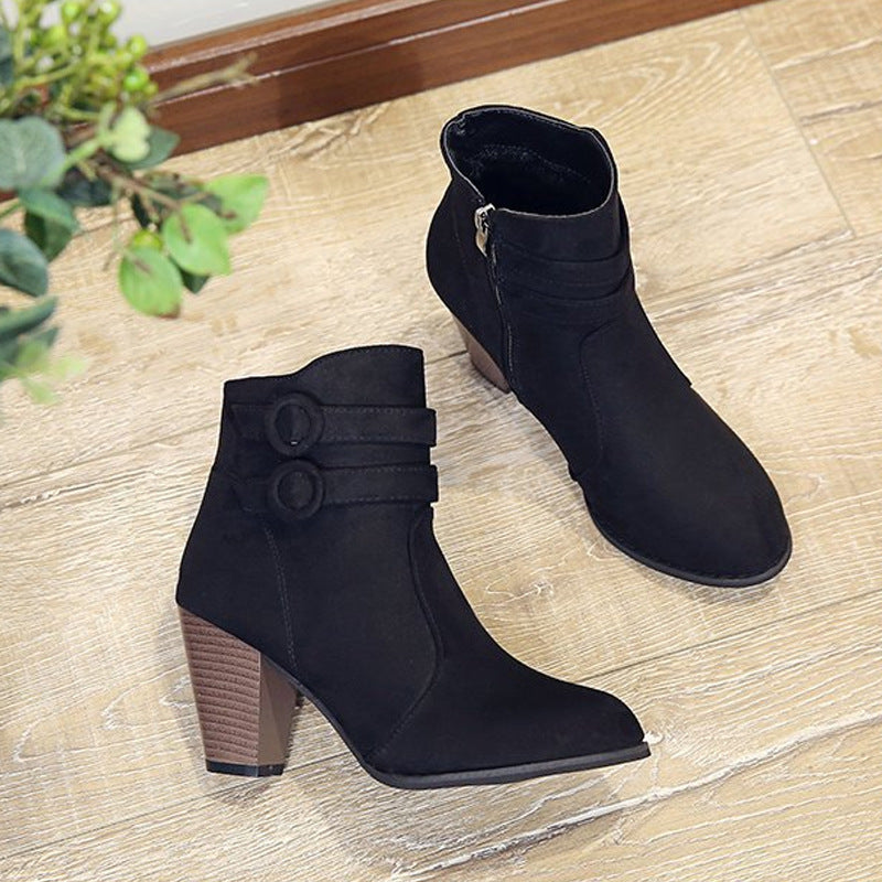 Elegant ankle boots for women with trendy button decoration and comfortable block heel Lune London