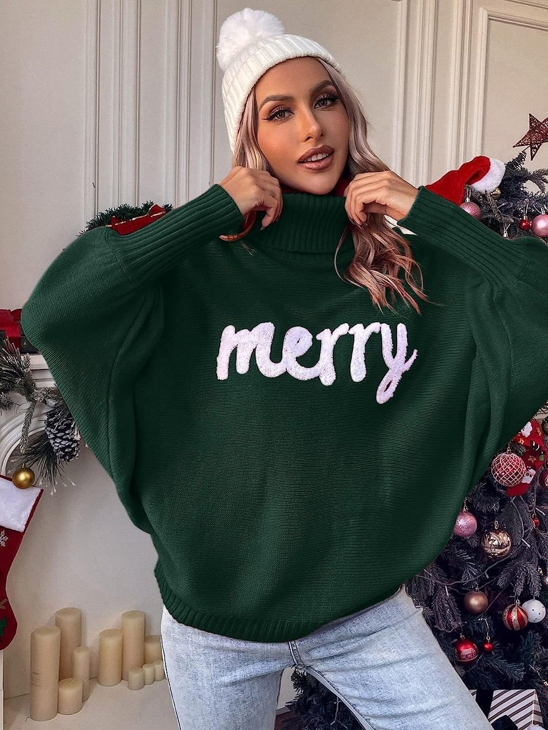 Oversized turtleneck sweater for women with festive inscription Lune London