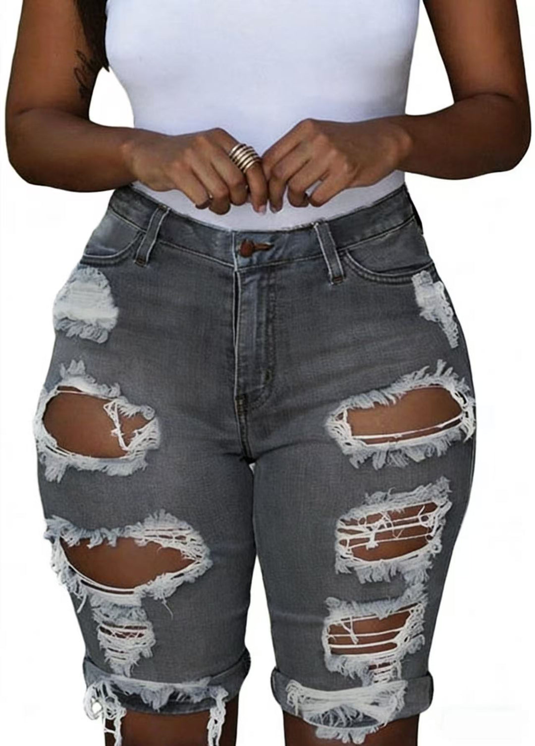 Women's destroyed denim trousers with a casual cut and trendy tear details Lune London