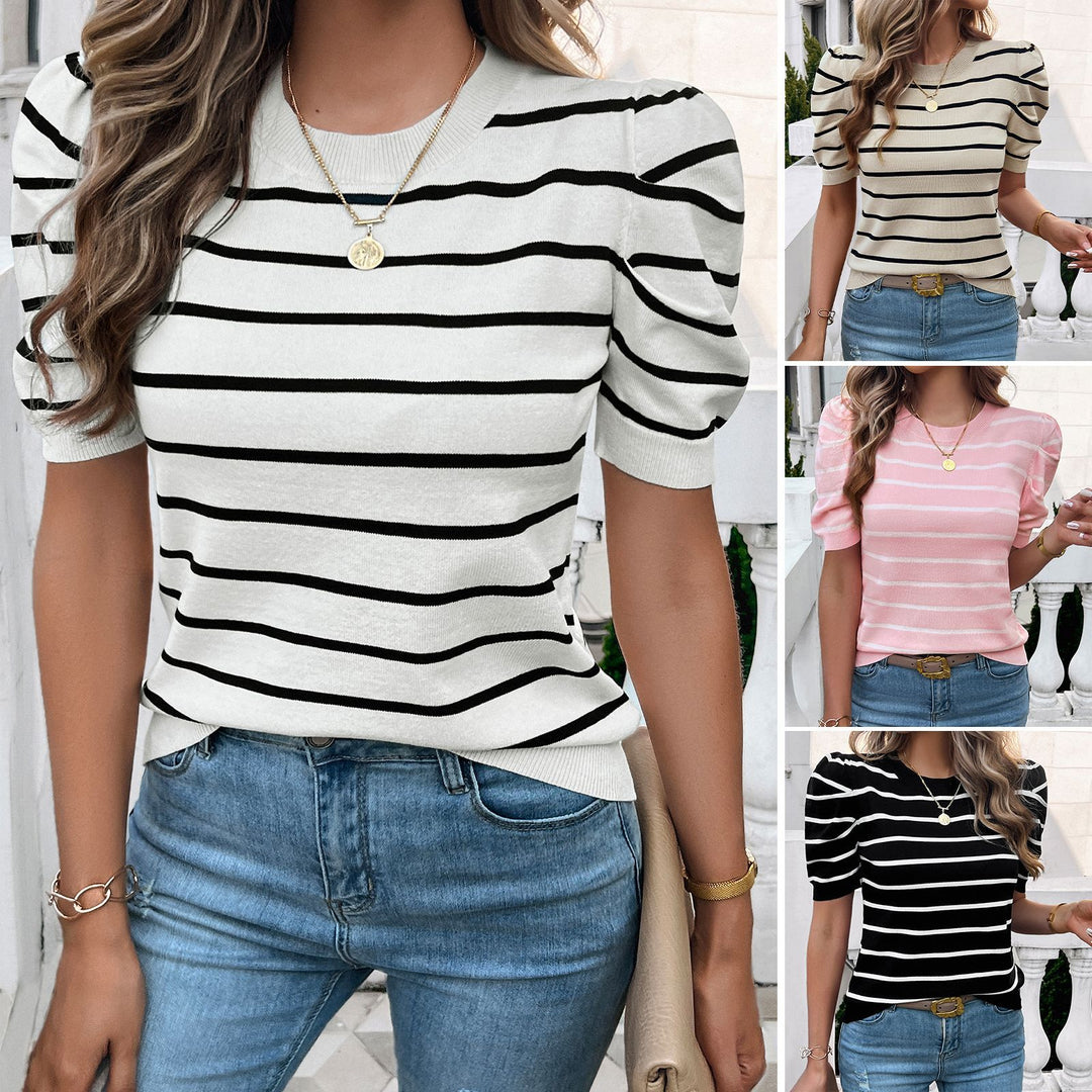 Woman striped top with puff sleeves and knit finish Lune London