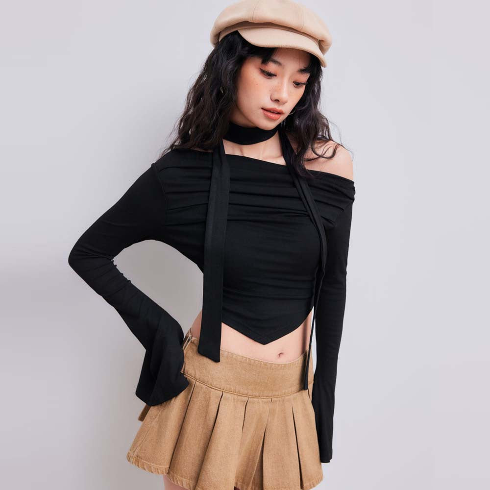 Short top for women with asymmetrical halter design and elegant draping Chic & Stil