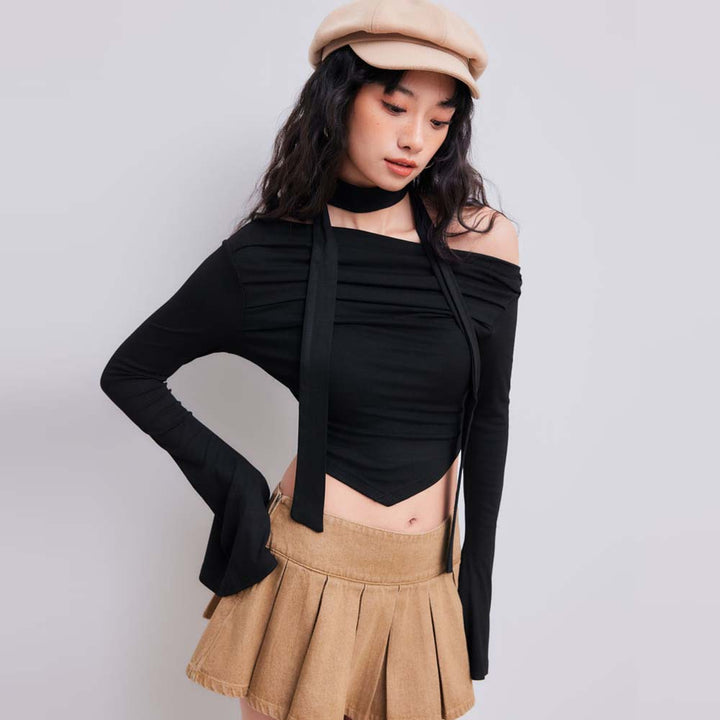 Short top for women with asymmetrical halter design and elegant draping Chic & Stil