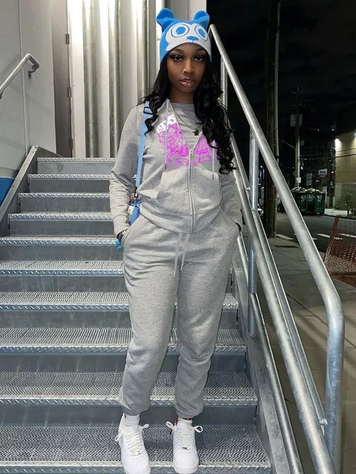 Ladies hoodie jacket and jogger pants with a unique spider web design Lune London