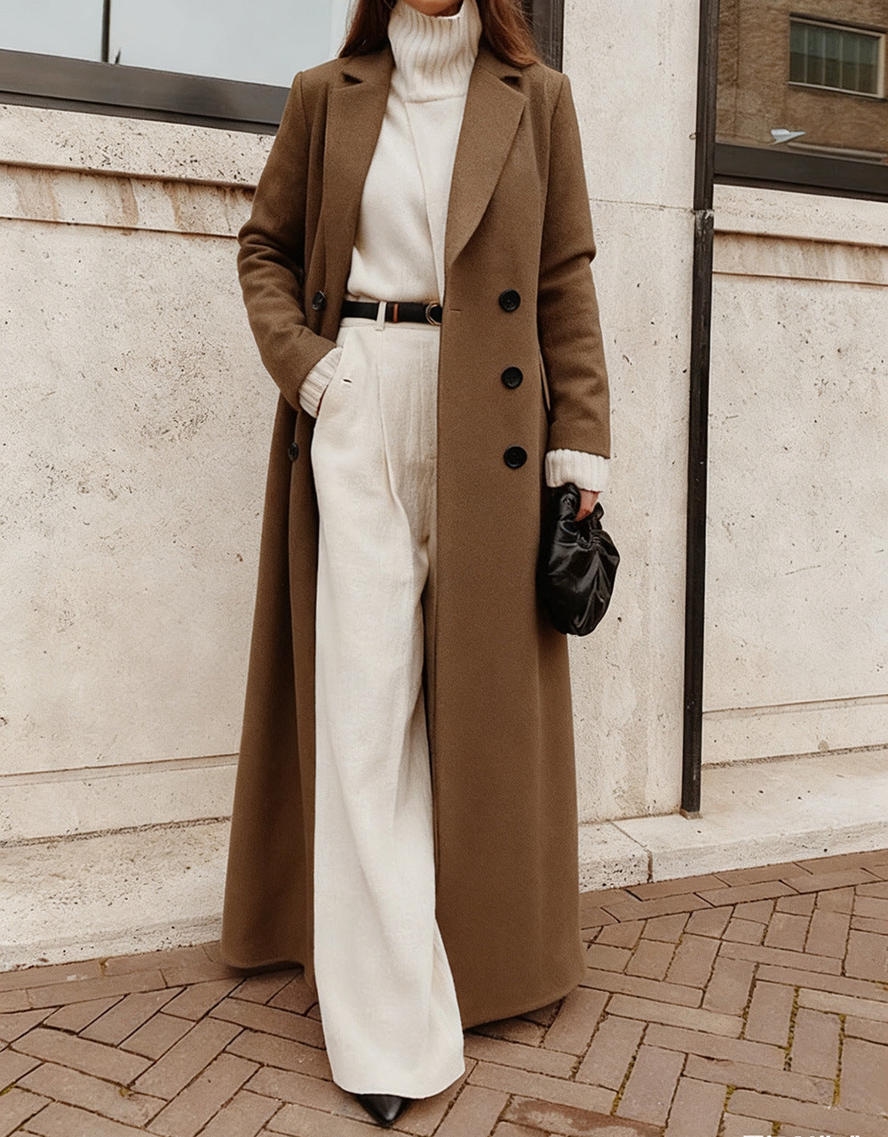 Ladies Elegant Wool Coat with Double Button Placket and Deep Pockets