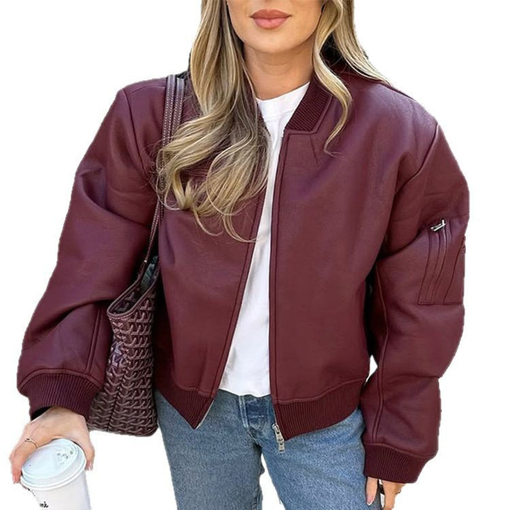 Ladies Casual Leather Jacket with Voluminous Sleeves and Zipper Lune London