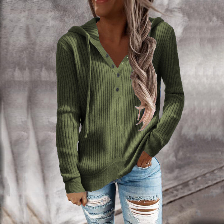 Fashionable ribbed design women's hoodie with button placket Lune London