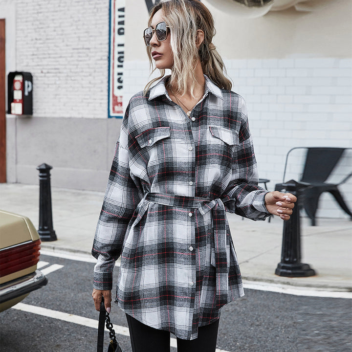 Checkered shirt dress for women with adjustable belt and button placket Lune London