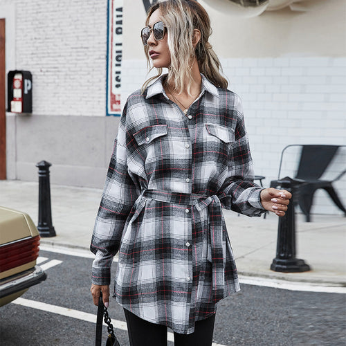 Checkered shirt dress for women with adjustable belt and button placket Lune London