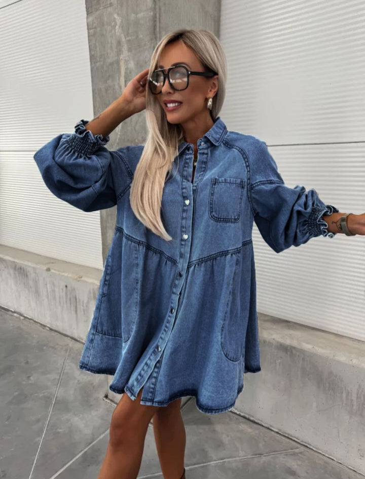 Robe chemise en denim pour femmes avec des manches volumineuses Chic & Stil