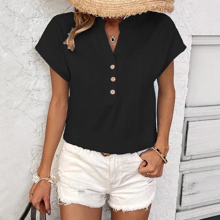 Women highly stylish short sleeve t-shirt with button details and trendy high collar Lune London