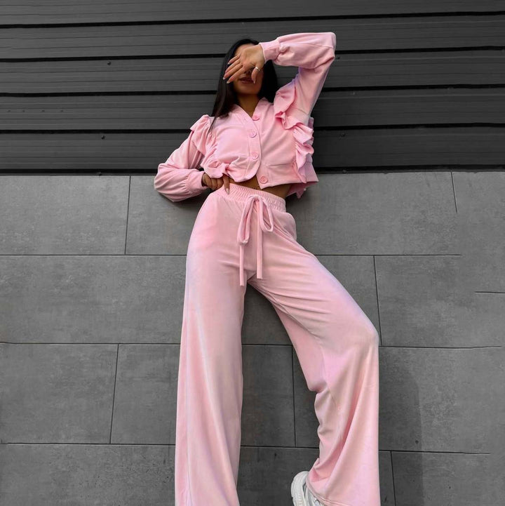 Ladies Comfortable Lounge Set with Chic Ruffle Details and Style