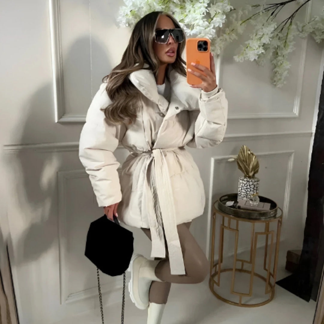 Fashionable women's down jacket with a wide collar and an adjustable belt Lune London