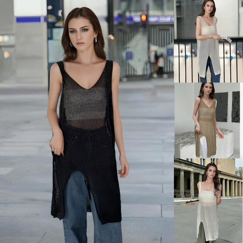 Airy knit dress for women with side slits and modern V-neck Lune London