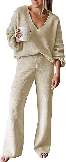 Dames Ensemble tricot confortable avec décolleté en V et jambe large Lune London