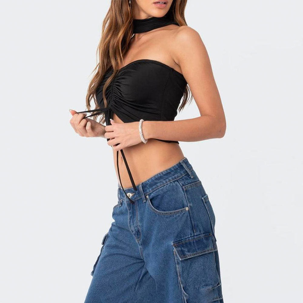 Short top for women with sophisticated ruffle details and tie straps Chic & Stil