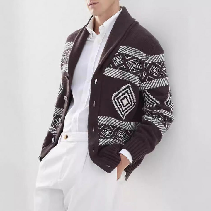 Men's knit jacket with a modern graphic pattern and a classic collar Lune London