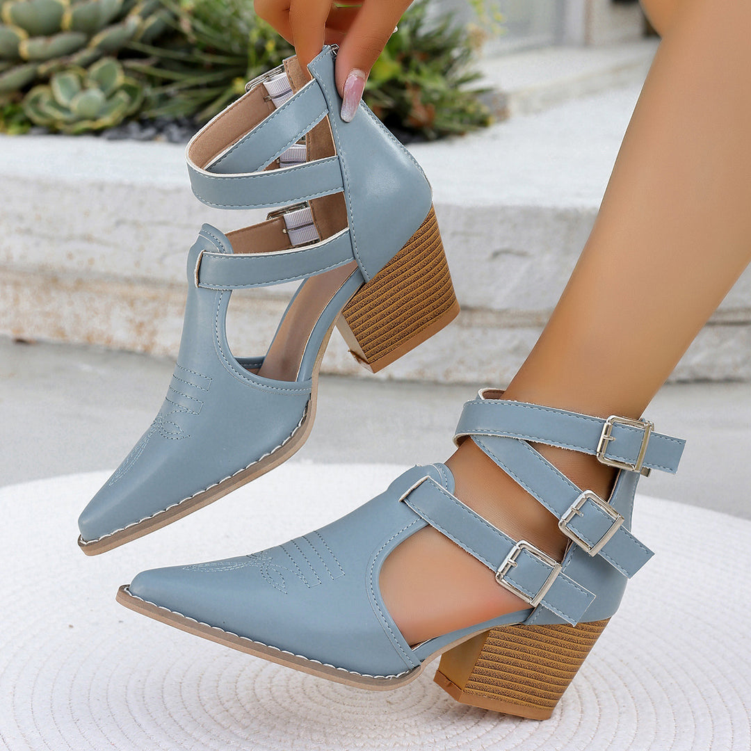 High-heeled ankle boots for women with unique straps and a decorated heel Lune London