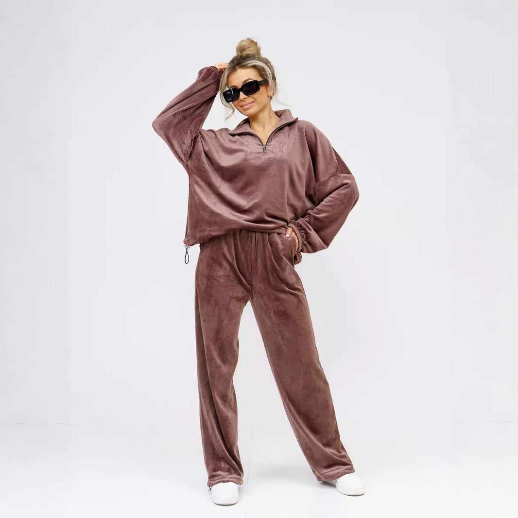 Ladies Velour Tracksuit with High Collar and Elastic Cuffs Chic & Stil