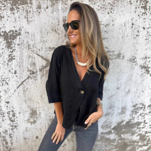 Lightweight linen jacket for women with three-quarter sleeves and Moon London button detail