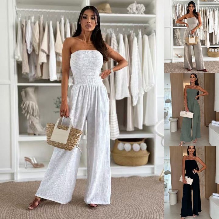 Ladies Smocked Wide Leg Jumpsuit Lune London