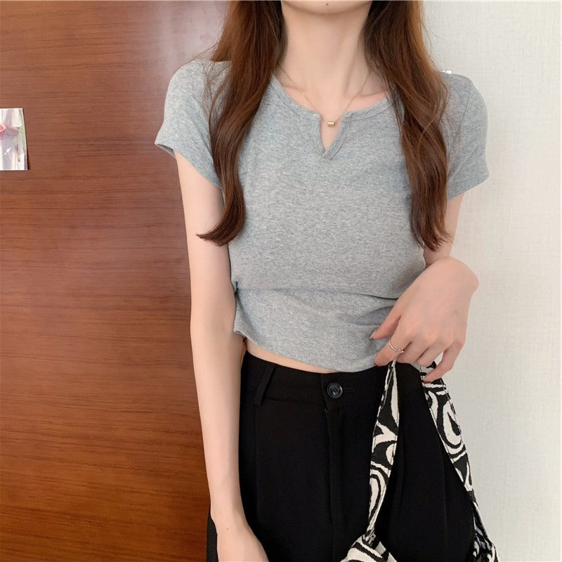 Women's Short Sleeve T-Shirt with Elegant V-Neck and Fashionable Detail