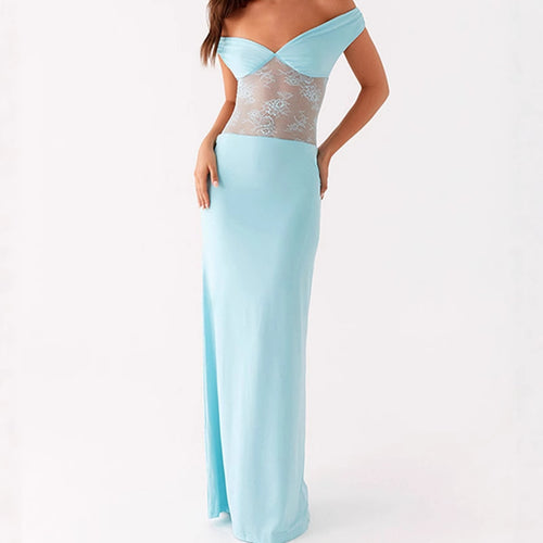 Elegant Off-Shoulder Maxi Dress with Sheer Lace Top and Fitted Elastic Hem Lune London