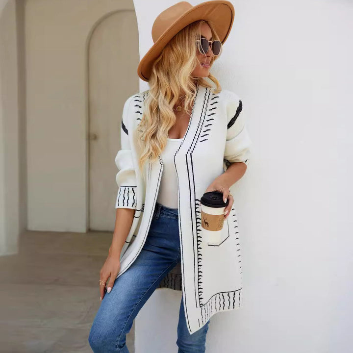 Elegant women's cardigan with deep V-neck and decorative seams Lune London