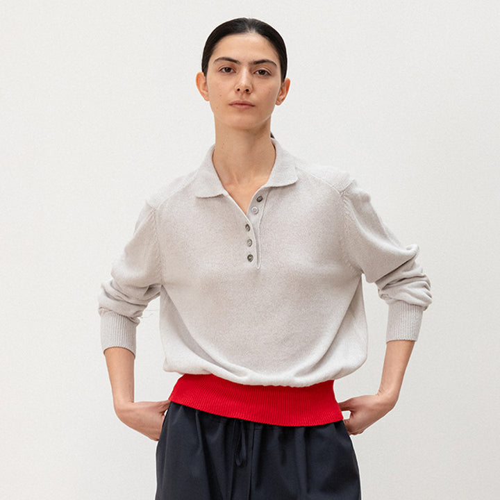 Femme pull en tricot décontracté avec col polo et ourlet contrastant Chic & Stil