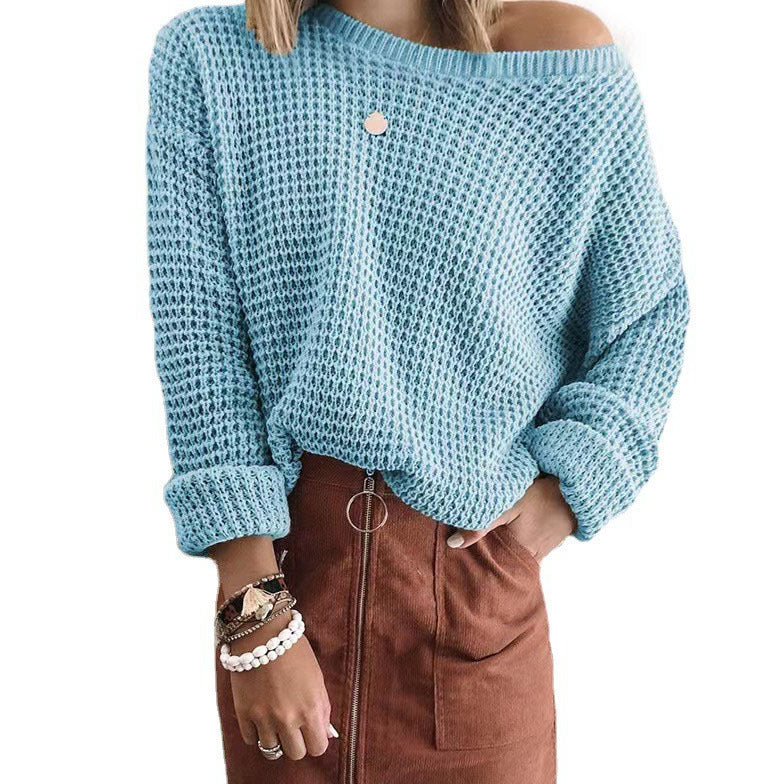 Oversized casual style knitted sweater for women with an off-shoulder design.