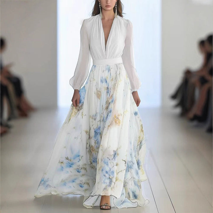 Lune London Elegant puff sleeve floral chiffon maxi dress for women