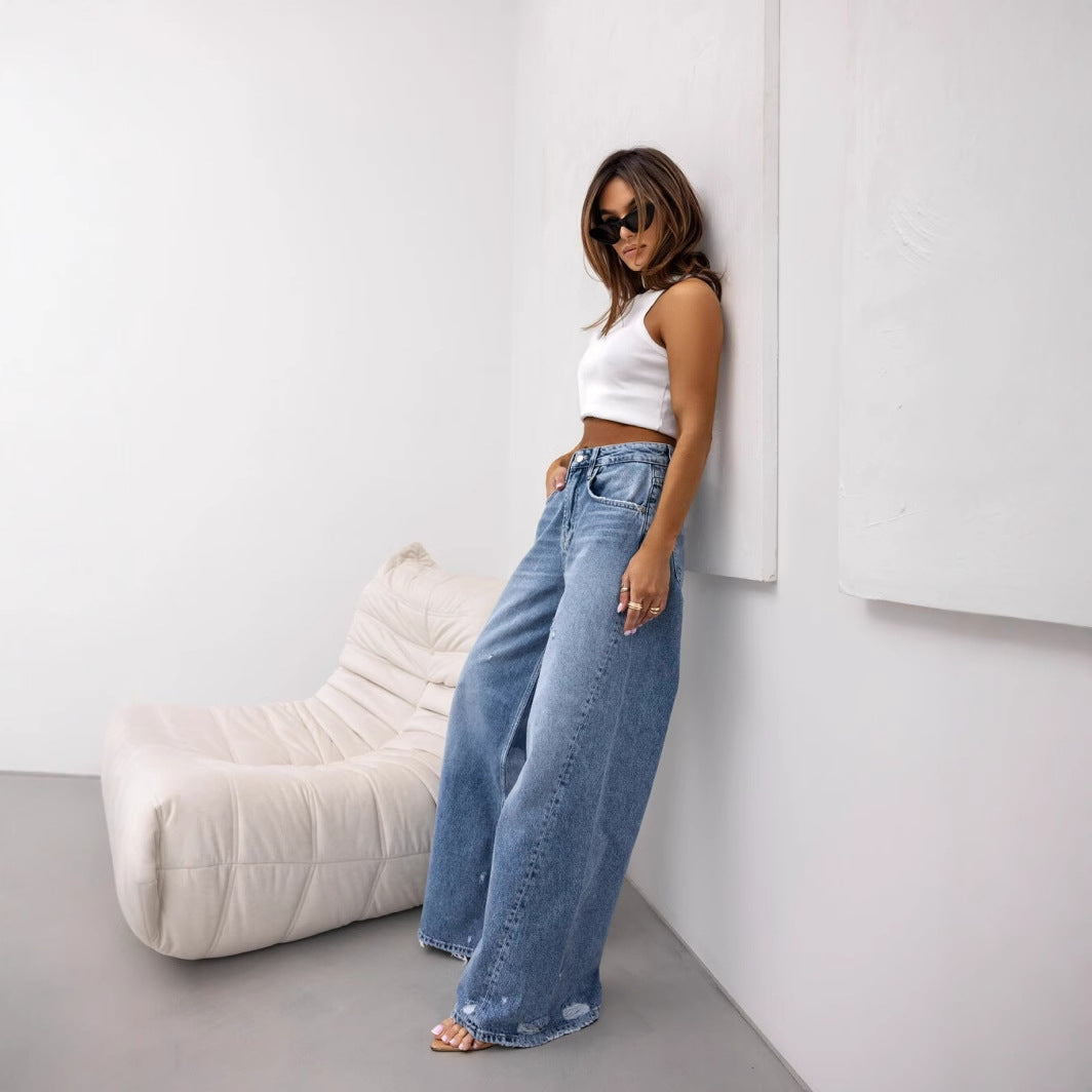 High-waisted wide-leg jeans for women with ripped details Lune London