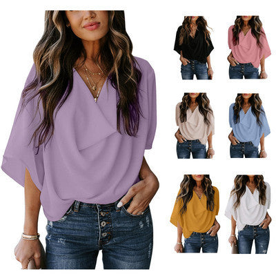Elegant blouse for women with draped V-neck and loose sleeves Lune London