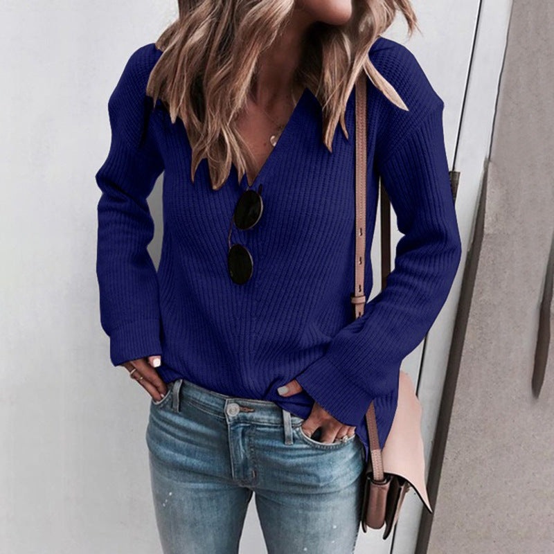 Women's casual knit sweater with V-neck and long sleeves Lune London