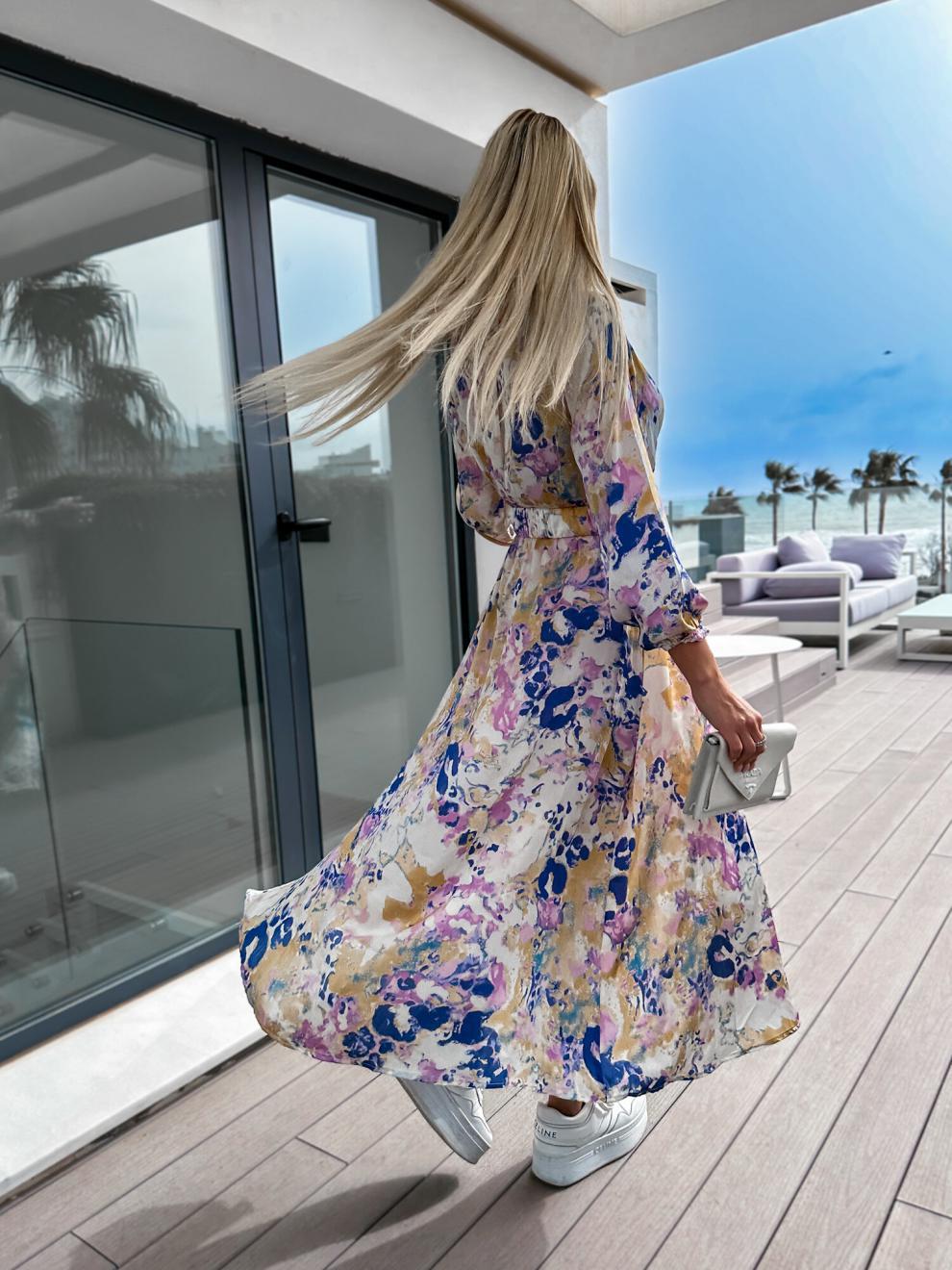 Maxi dress with a vibrant print for women with a self-tie belt Lune London
