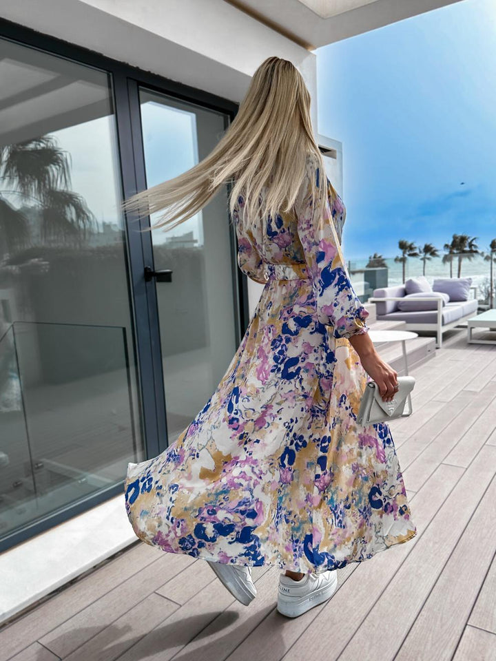Maxi dress with a vibrant print for women with a self-tie belt Lune London