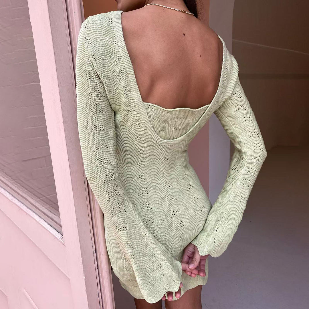Knit dress for women with deep V-neckline and wave hem Lune London