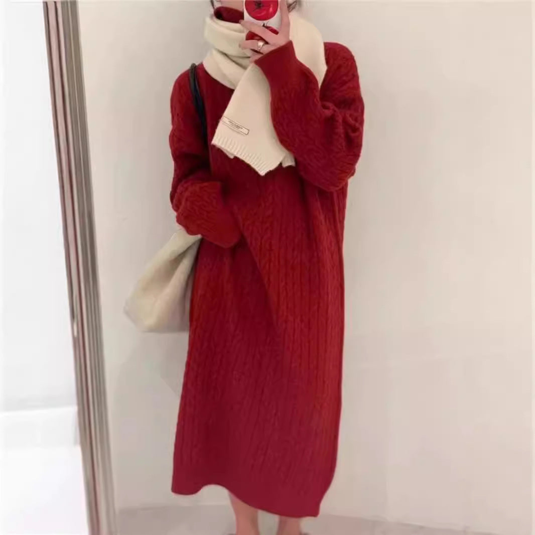Knit dress for women with high collar and modern cable pattern Lune London