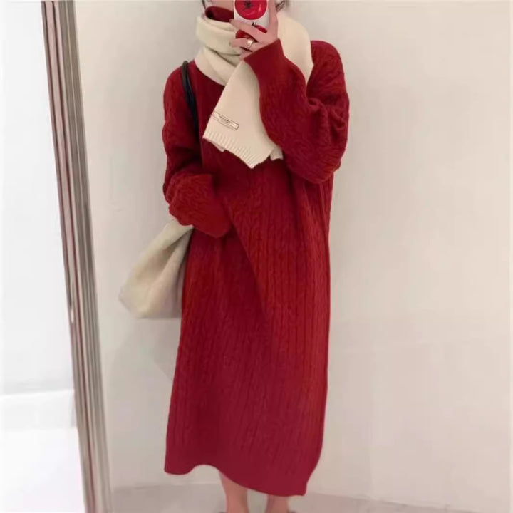 Knit dress for women with high collar and modern cable pattern Lune London