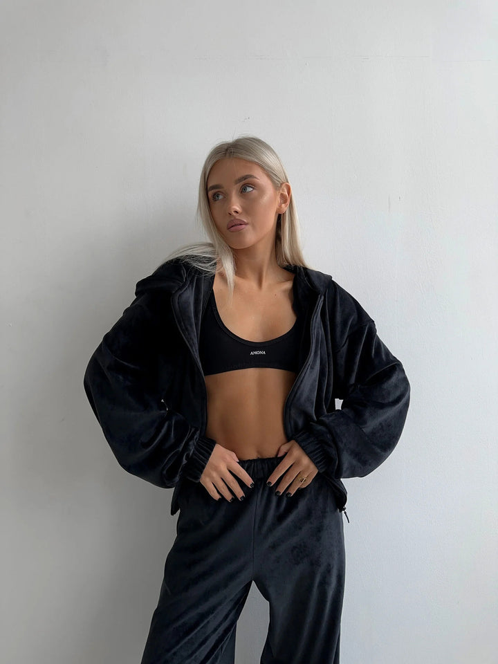 Women's Luxury Velvet Jogging Set with Hood and Elastic Cuffs Lune London