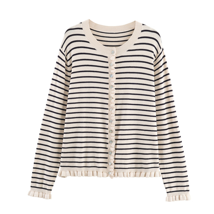 Striped knit jacket for women with ruffle details and button closure Lune London