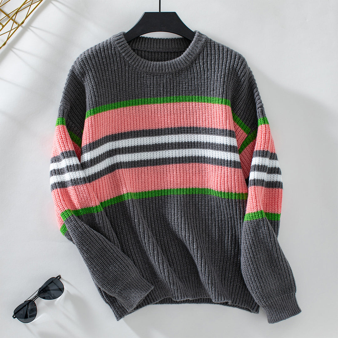 Casual knitted sweater for women with colorful stripes and a round neck Lune London