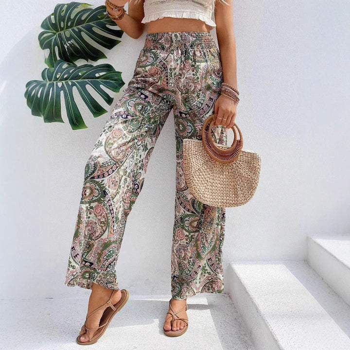 Women's Wide Palazzo Pants with Elastic Waistband and Paisley Pattern Lune London