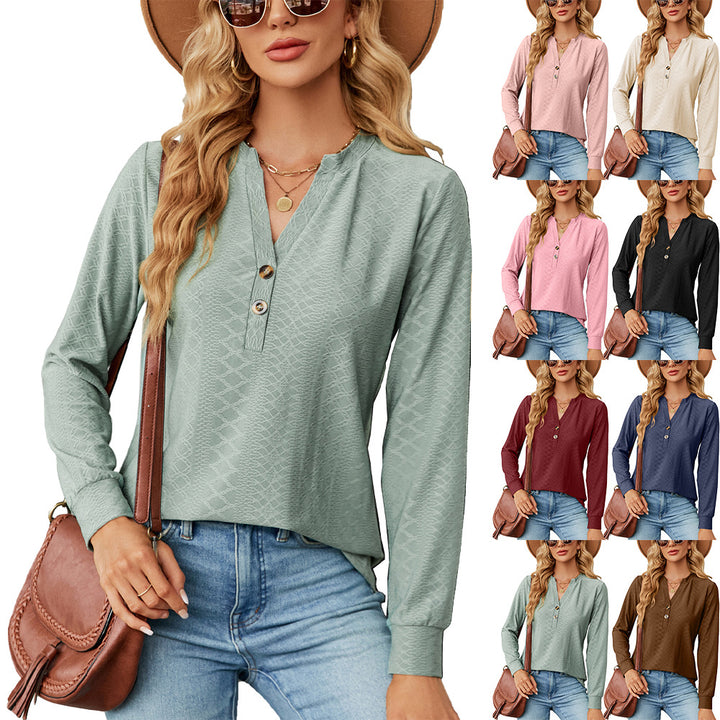 Women's long sleeve t-shirt with trendy Henley neckline and structured design Lune London
