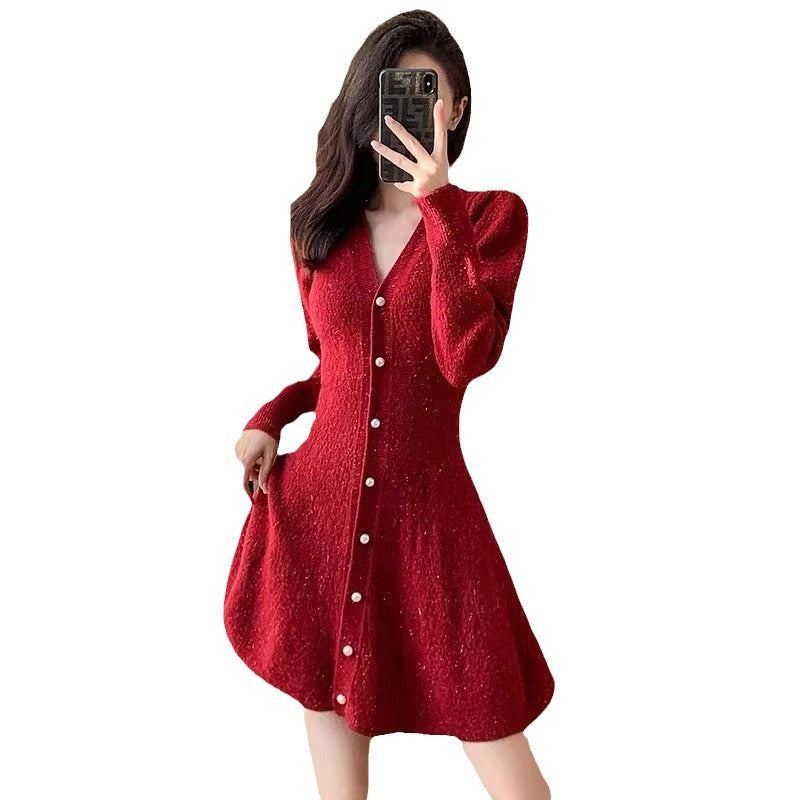 Knit dress for women with button placket and ballet-style sleeves Lune London
