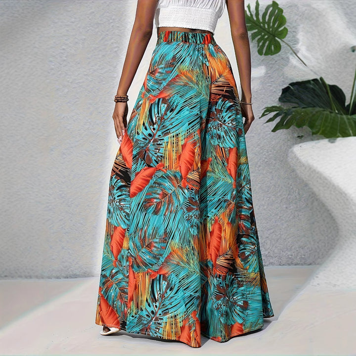 Palazzo Pants for Women with a Lively Palm Pattern and an Elastic High Waist Lune London